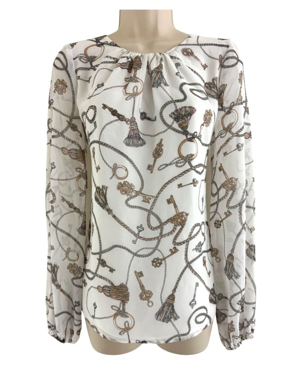 White House Black Market Chiffon Key Rope Tassels Blouse Top Shirt Size S Gold